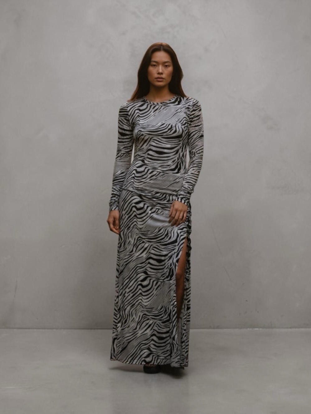 Ashley Stewart Black and White Zebra-Print Long Sleeve Maxi Gown